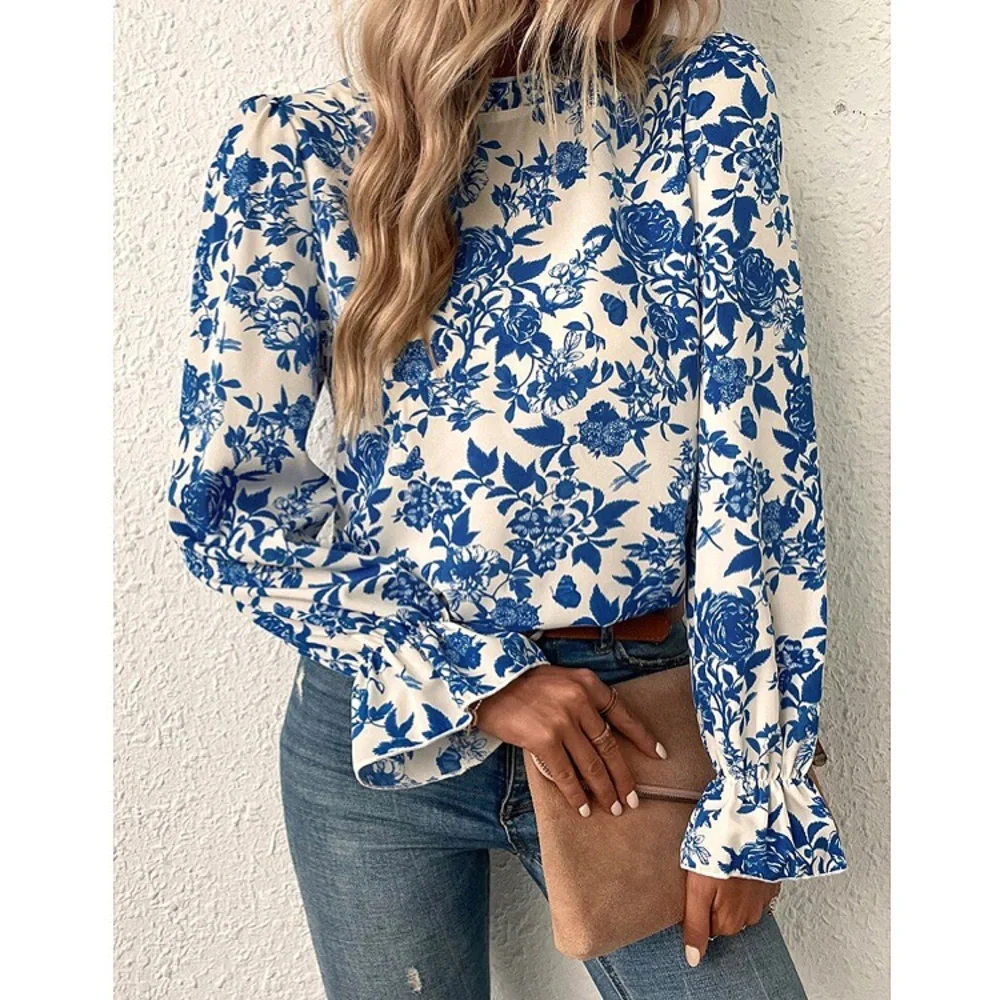 💙 BOHO BLUE IVORY FLORAL LONG SLEEVE BLOUSE! - Picture 4 of 8
